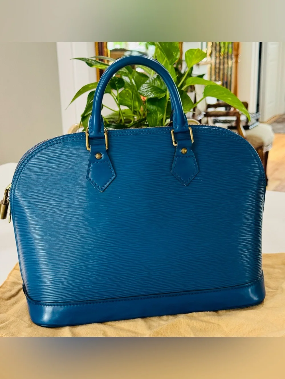 Louis Vuitton Blue Epi Alma Satchel with Gold Hardware